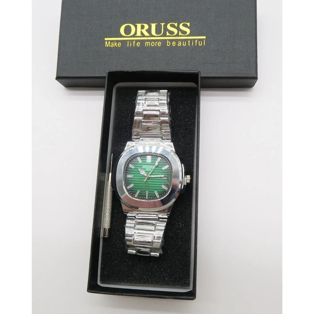 Oruss 1853 Mens Watch Green Dial Silver Stainless Steel Link Bracelet New in Box